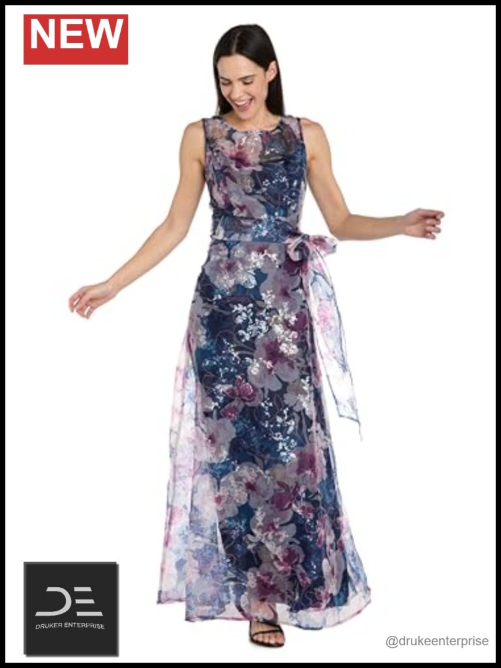Floral Organza Evening Gown Illusion Neckline Self Tie Sash Formal